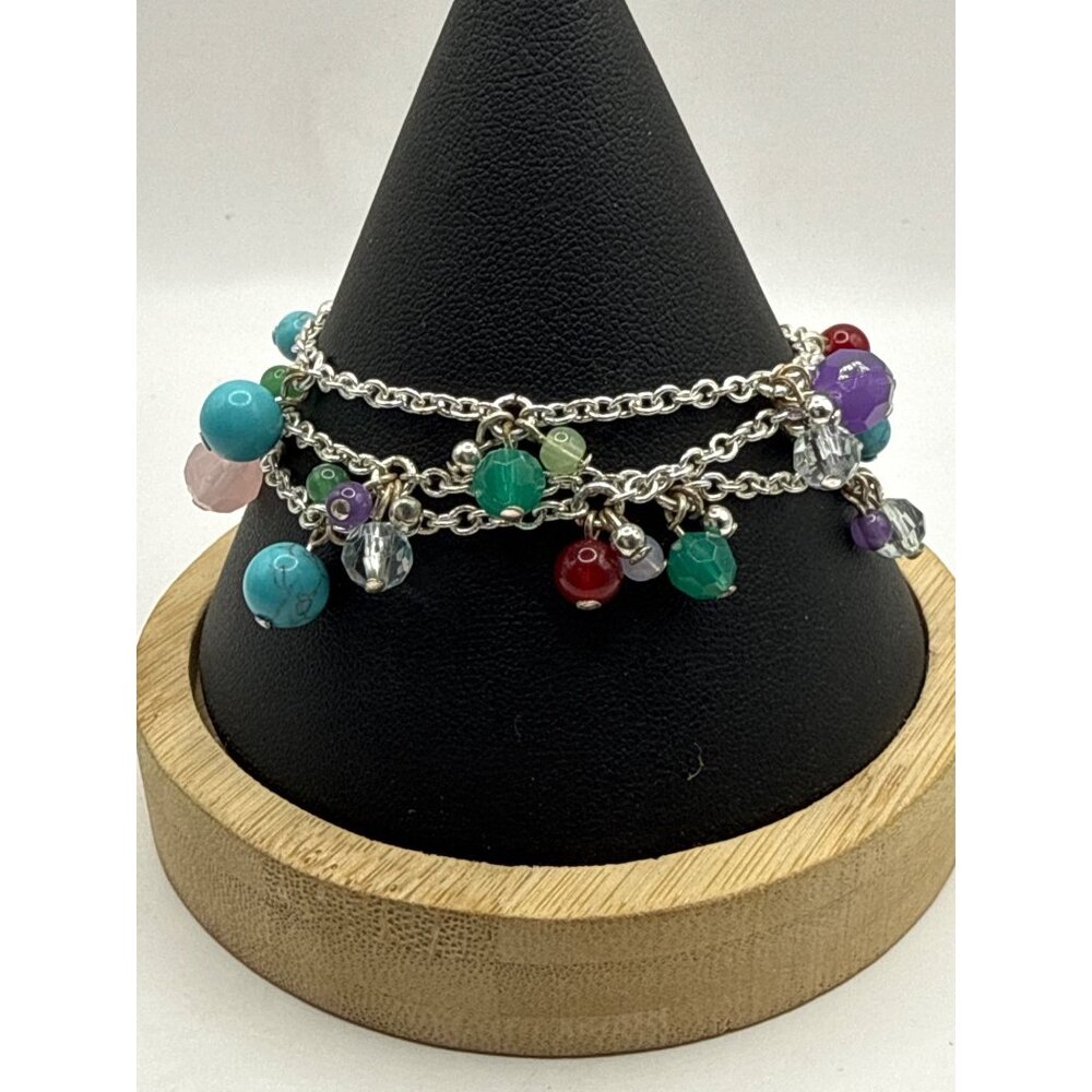 Multi Color Beaded Charm Bracelet Toggle Clasp Silver Tone Chain